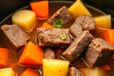 Close-up of slow-cooked meat and vegetables